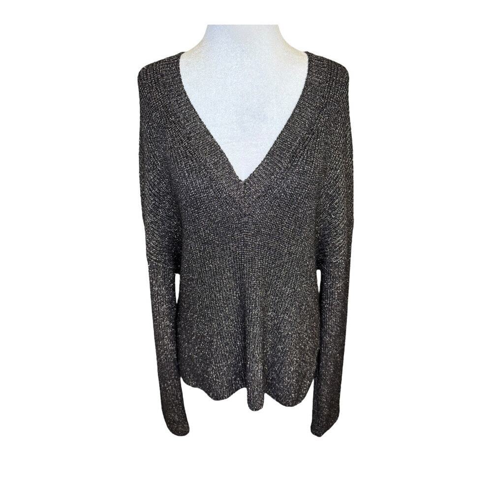 Melrose & Market Women's Small V-Neck‎ Long Sleeve Metallic Knit Sweater Black